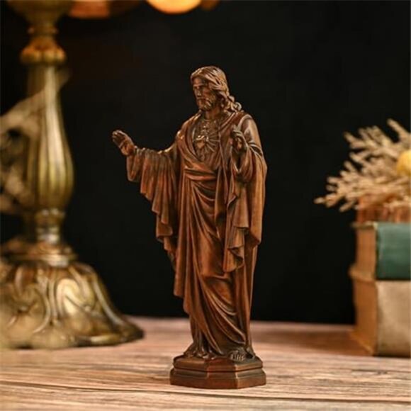 Wooden Sacred Heart of Jesus Statue, Handmade Jesus Figurine Ornament - Picture 5 of 7